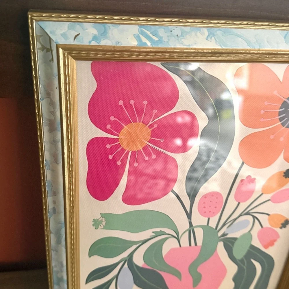 Retro Floral Colorful Flowers in Vase Canvas Art Print Blue Gold Framed Wall Art